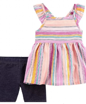 Moda Infantil Feminino - Conjunto Listrada e Shorts Jeans de Tricô